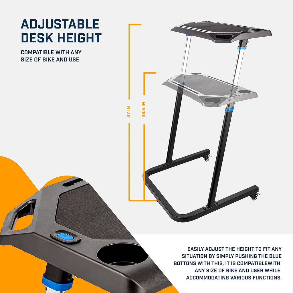 Alpcour Bike Trainer Fitness Desk – Portable Multi-Tasking Workstation Table for Cycling and Exercise – Adjustable Height with Non-Slip Surface and Gadget Slots – Lockable Wheels