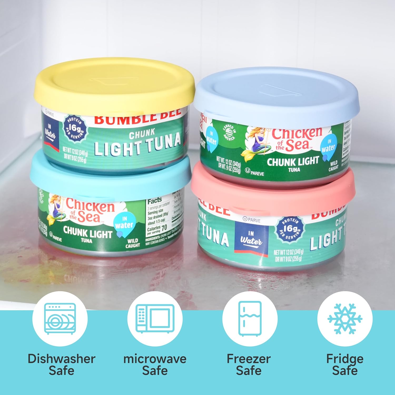 4PCs 4-inch Silicone Tuna Can Lids for 12oz Bumble Bee | Chicken of the Sea | StarKist Tuna Can, Reusable Can Topper, Can Cover for Canned Good, Freezer & Dishwasher Safe (Can NOT Included)