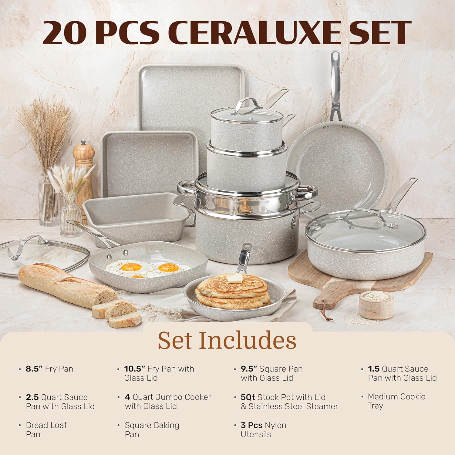 GRANITESTONE Ceraluxe 20Pc Pots and Pans Set Non Stick Ceramic Cookware Set