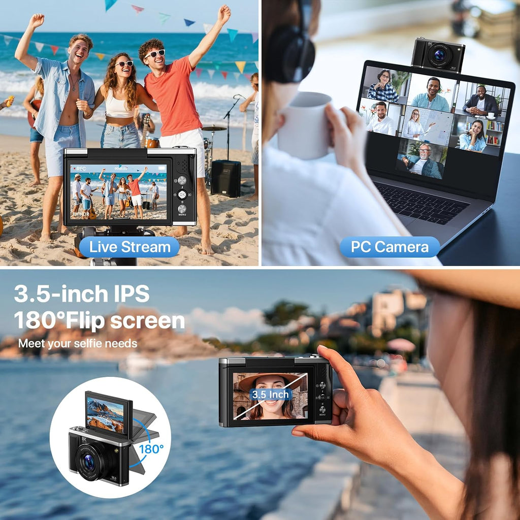 8K Digital Camera for Photography with WiFi 96MP Autofocus Vlogging Camera for YouTube Video 3.5'' 180°Flip Screen 20X Zoom Anti-Shake Compact Point and Shoot Cameras for Beginner Creator with SD Card