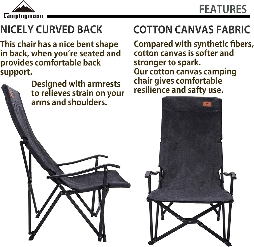 CAMPINGMOON Foldable Cotton Canvas Camping Chair Campfire High Back Low Style Relaxing Chair Black F-1002C-BK