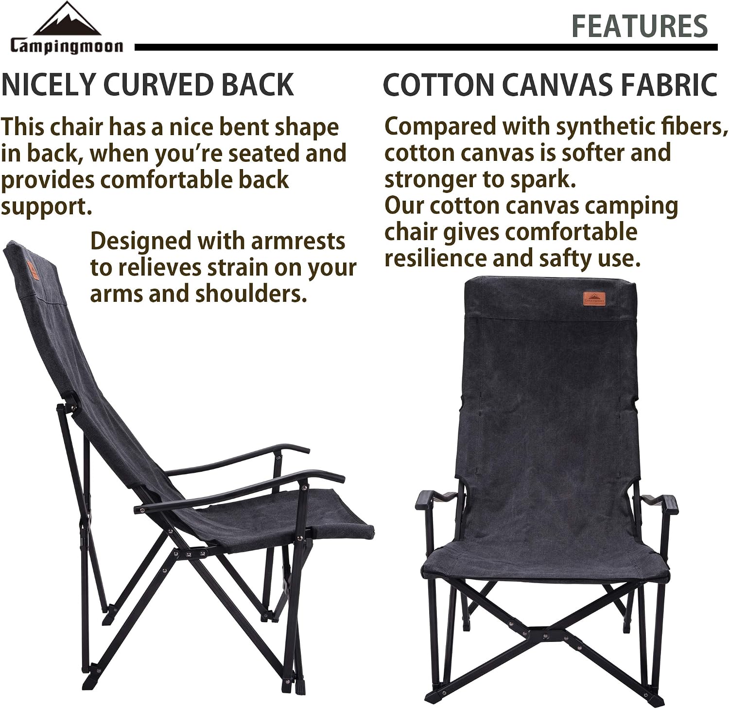 CAMPINGMOON Foldable Cotton Canvas Camping Chair Campfire High Back Low Style Relaxing Chair Black F-1002C-BK