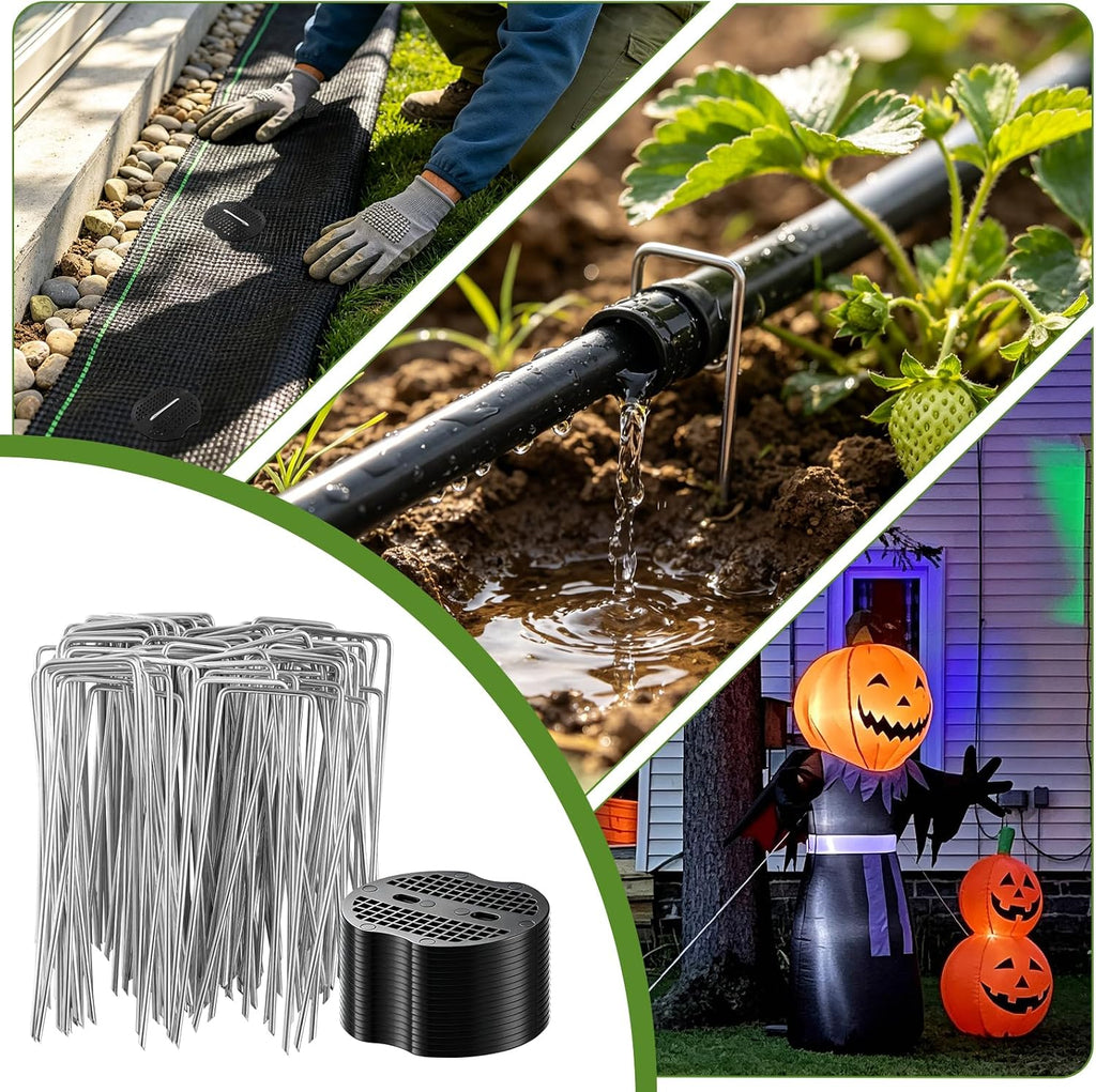 200Pcs Garden Stakes Staples Kit, 100Pcs 6 Inch U-Shaped Landscape Staples, 100Pcs Fixing Gasket for Weed Barrier Fabric, Ground Cover, Holding Fence and Artificial Turf