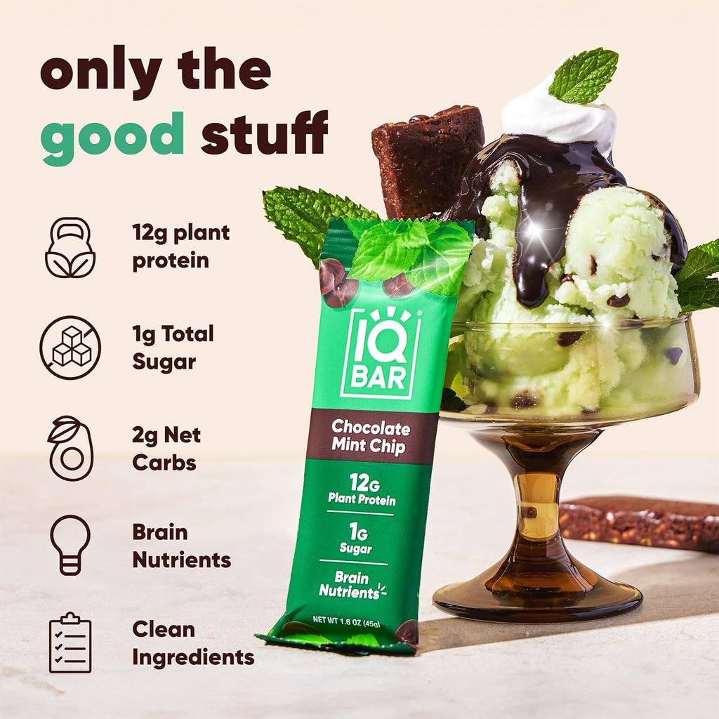 IQBAR Clean Protein Bars, Low Sugar Keto, Chocolate Mint Chip 12-Count