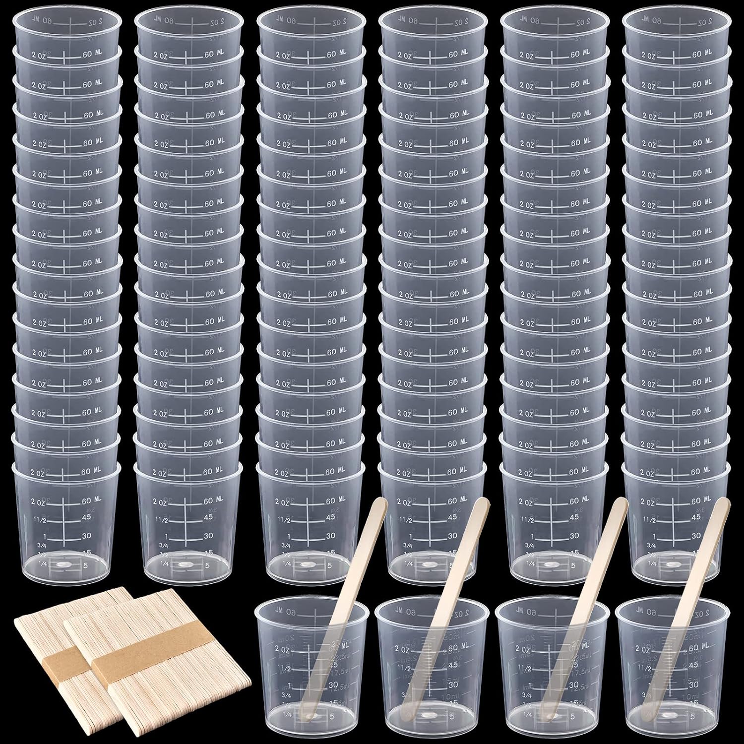 100 Pack 30ml/1oz Transparent Measuring Cups Reusable Clear Plastic Graduated Epoxy Mixing Cups with 100 Pack Wooden Stirring Sticks for Liquids Resin, Epoxy, Stain, Mixing Paint, School Labs