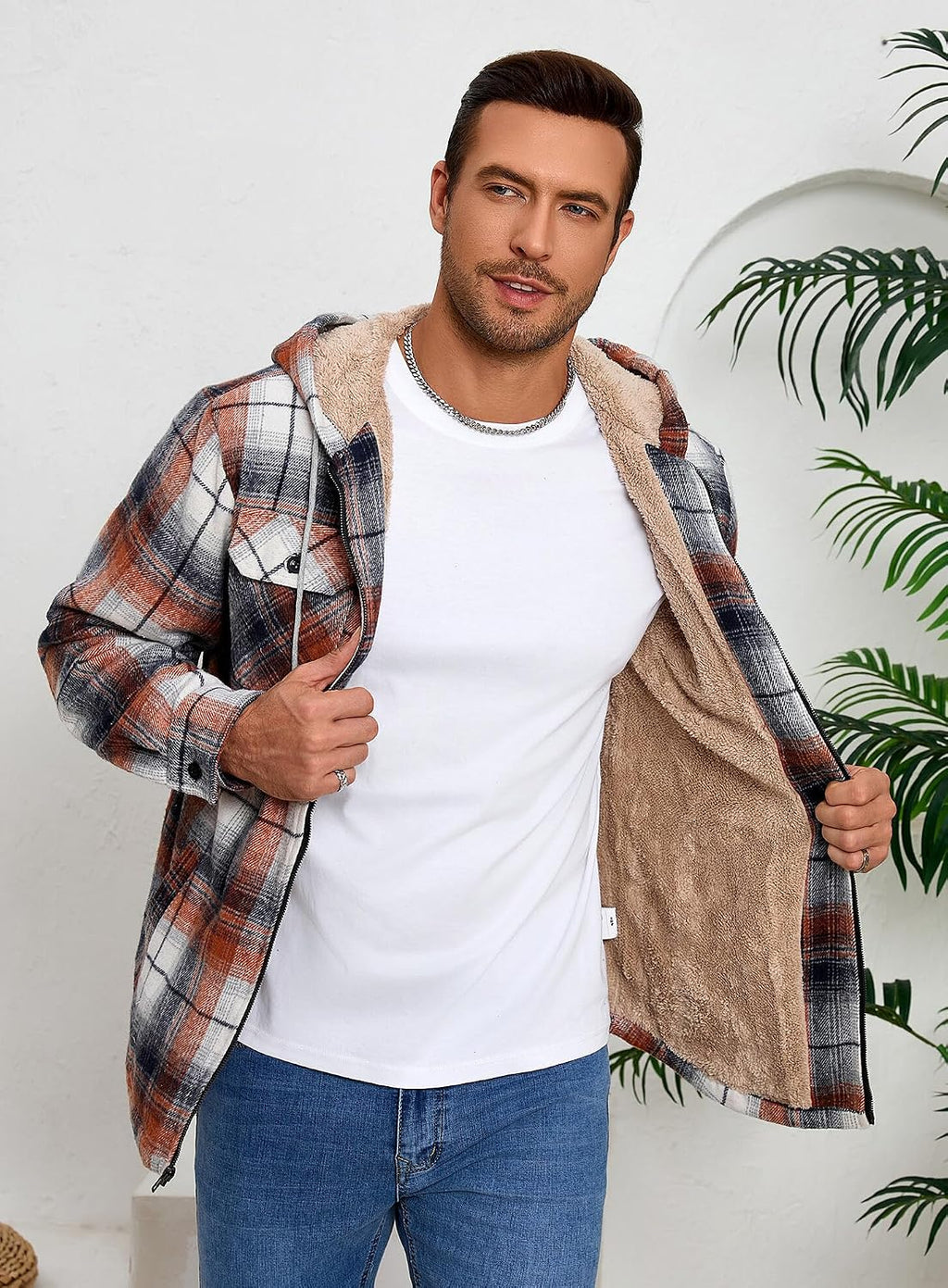 Men's Zip Up Flannel Shirt Jacket Fleece Lined with Hood