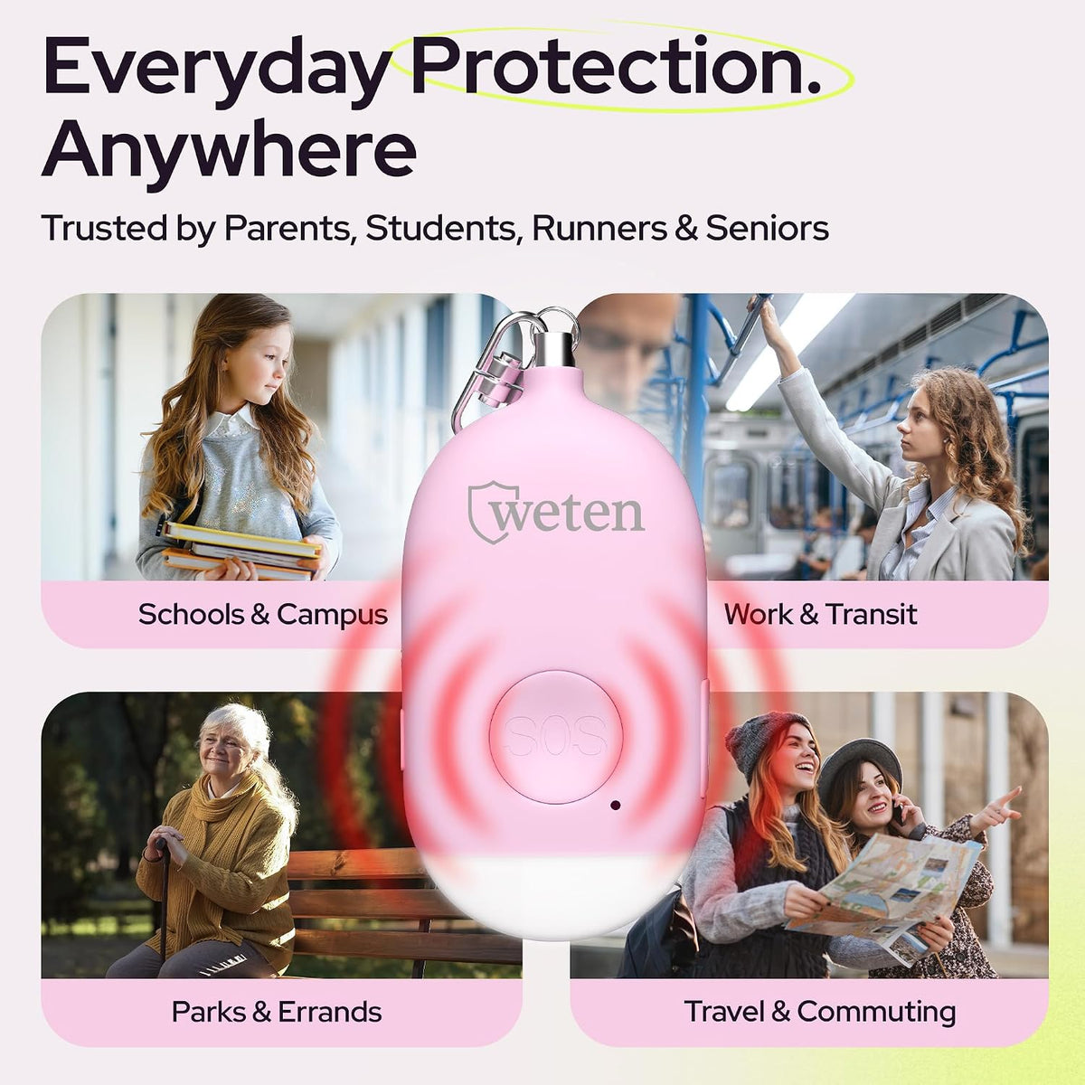 Weten Rechargeable Personal Alarm Keychain - 130dB Siren & LED Light - Stylish Personal Safety Alert for Women to Carry - Panic Button Alarm for Security - Rape Whistle for Self Defense (Pink)