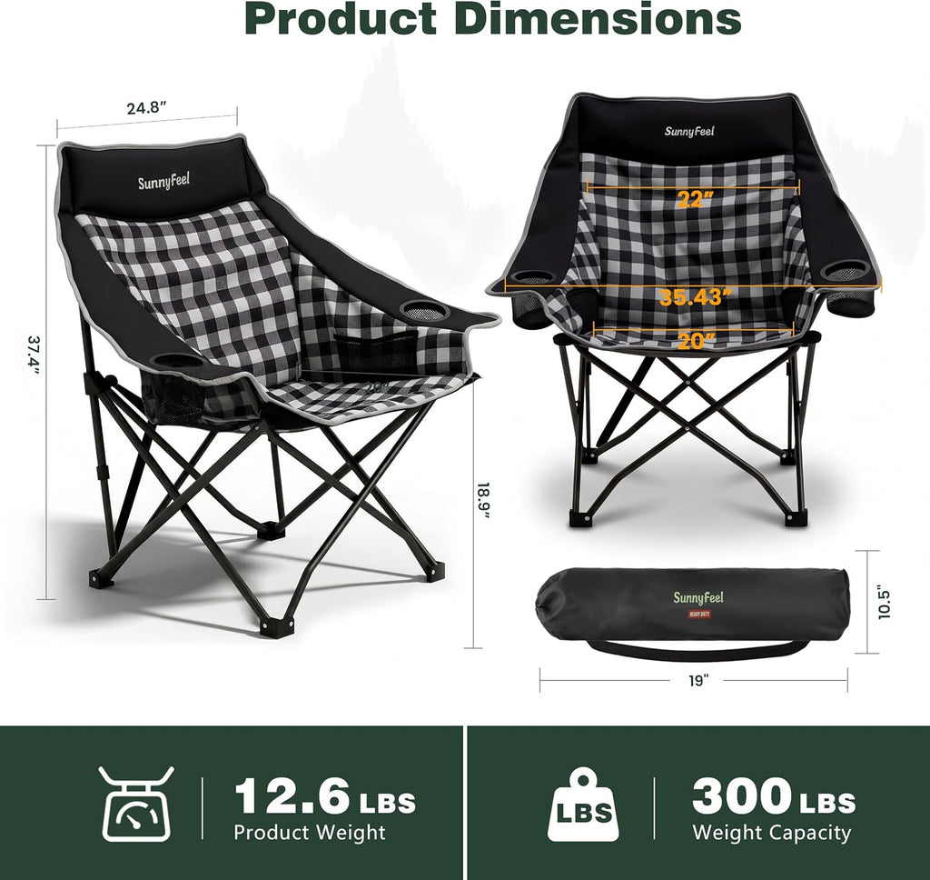 SUNNYFEEL Padded Oversized Camping Chairs for Adults, Heavy Duty Portable Folding Chair with Carry Bag, Side Pockets & Cup Holder, Supports 300 lbs, for Tailgating Hiking Picnic Backyard Black