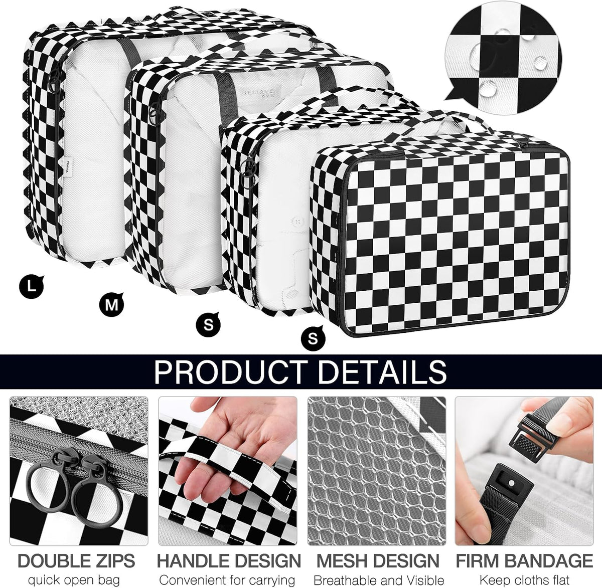 KPX 8 Set Packing Cubes for Travel, Luggage Packing Organizers Accessories Large Toiletries Bag for Clothes Shoes Cosmetics (8Set-Black Checkered)