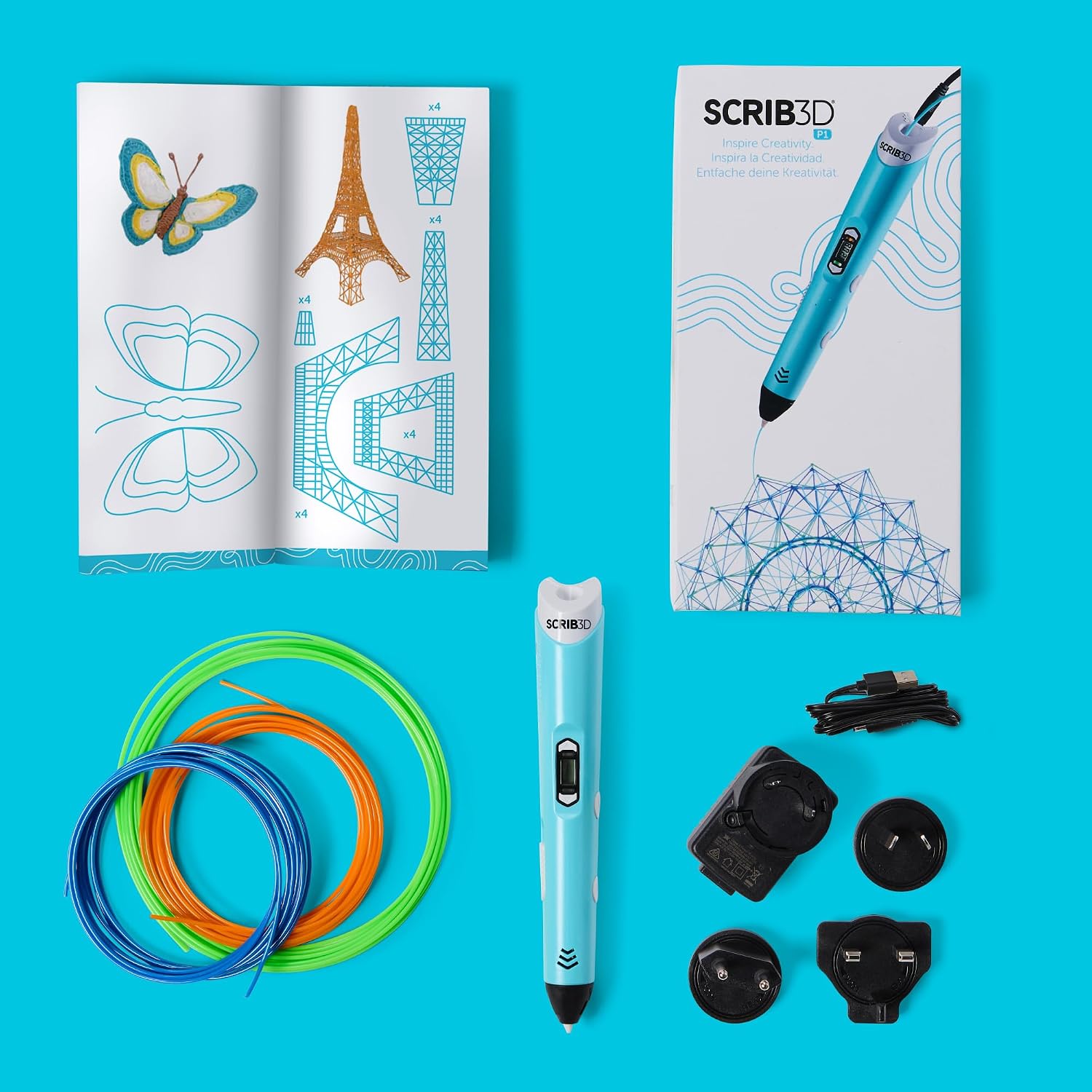 SCRIB3D P1 3D Printing Pen with Display - Includes 3D Pen, 3 Starter Colors of PLA Filament, Stencil Book + Project Guide, and Power Adapter