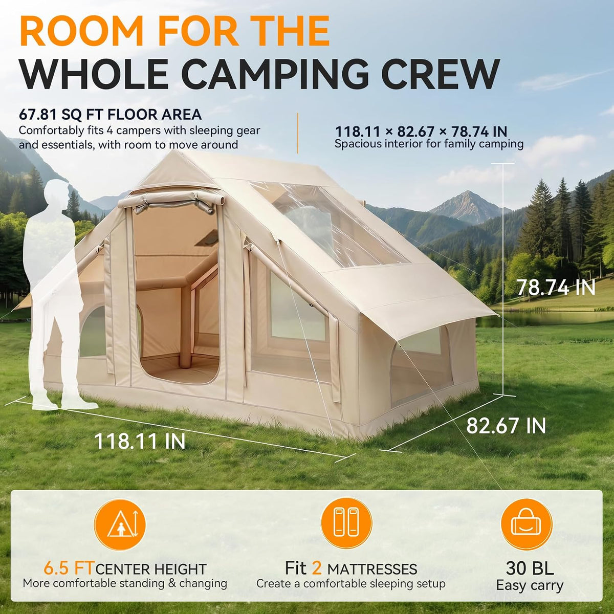 Inflatable Camping Tent, 5-Minute Setup, 4-6 Person Family Tent