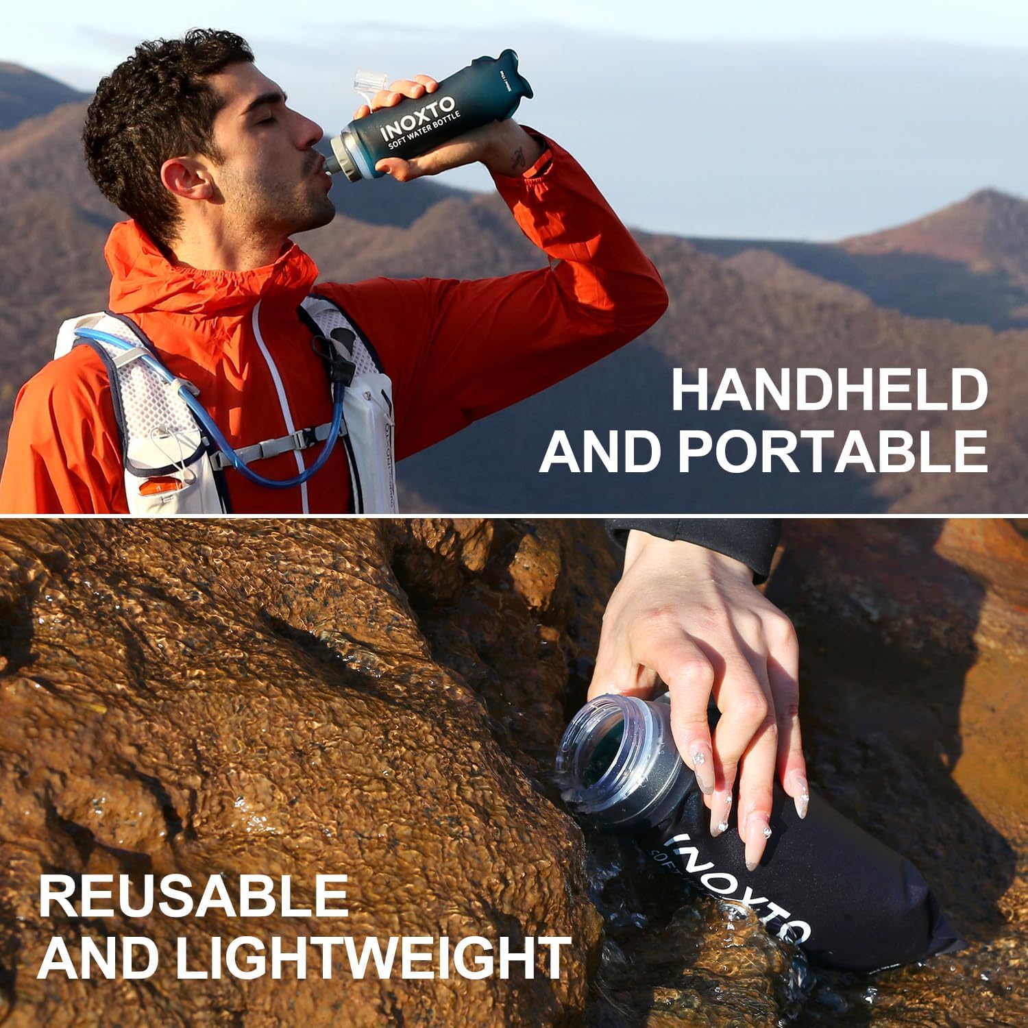 INOXTO Soft Flask,Collapsible Soft Water Bottles for Hydration Vests and Running Packs, Soft Flask Running Bottles for Hiking Cycling(250/500 ml) (2 PCS 500ML)