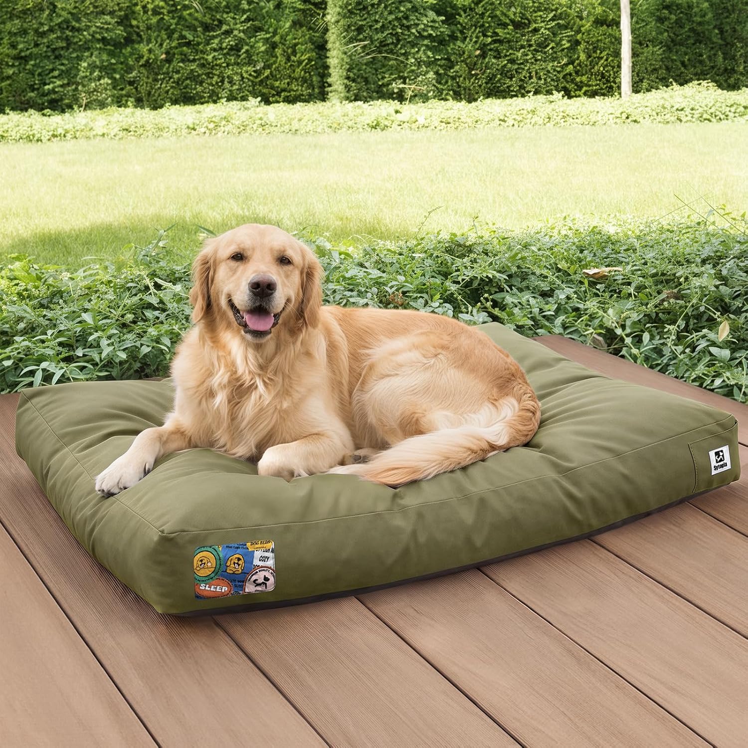 Sytopia 42-Inch Waterproof Outdoor Dog Bed for Large Dogs, Heavy Duty Orthopedic Egg Crate Foam Pet Bed with Durable Fabric and Removable Washable Cover for Patio, Camping and Travel, Green