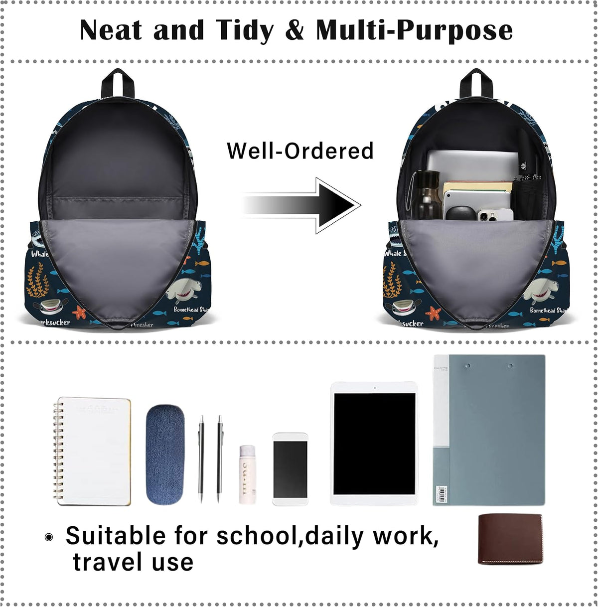 Funny Shark Faces School Backpack for Boys Girls, Shark Backpack for School Kids Bookbag, 17 Inch Ocean Animals Theme Laptop Back Pack for Travel Hiking Camping