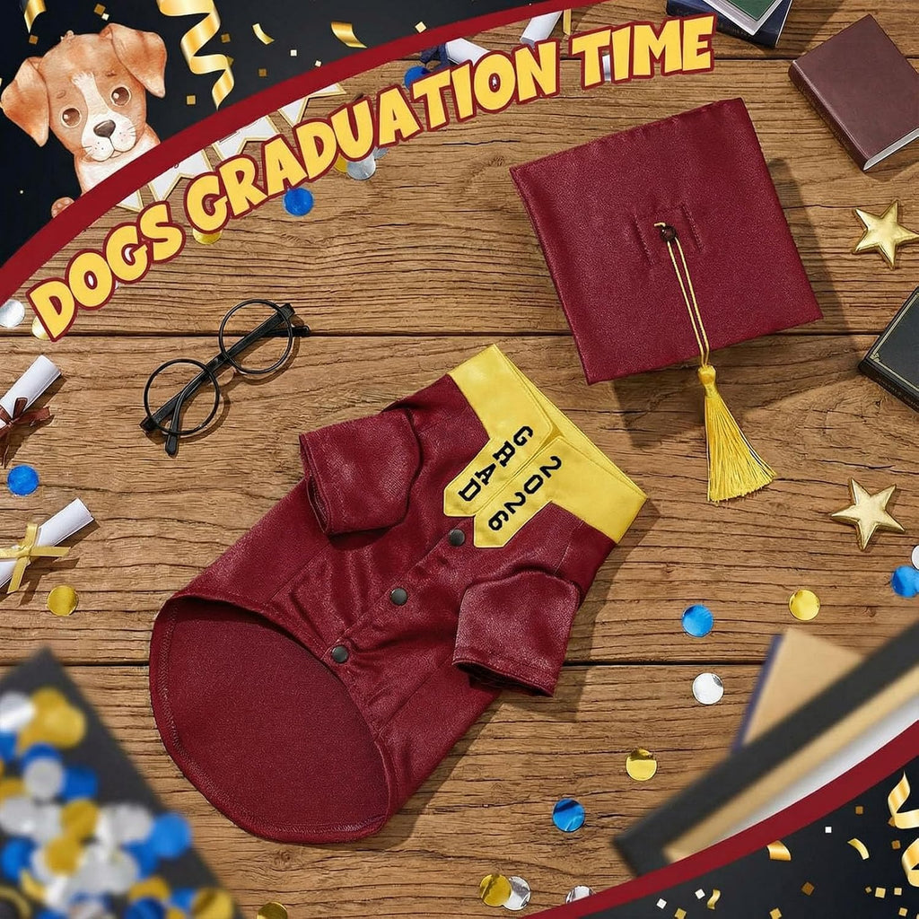 Huhumy 5 Pcs Dog Graduation Costume Set Include 2026 Pet Graduation Gown with Stole Puppy Grad Cap Lensless Glasses DIY Letter Stickers for Dogs Cats Holiday Costume Accessory(Maroon Yellow,S)