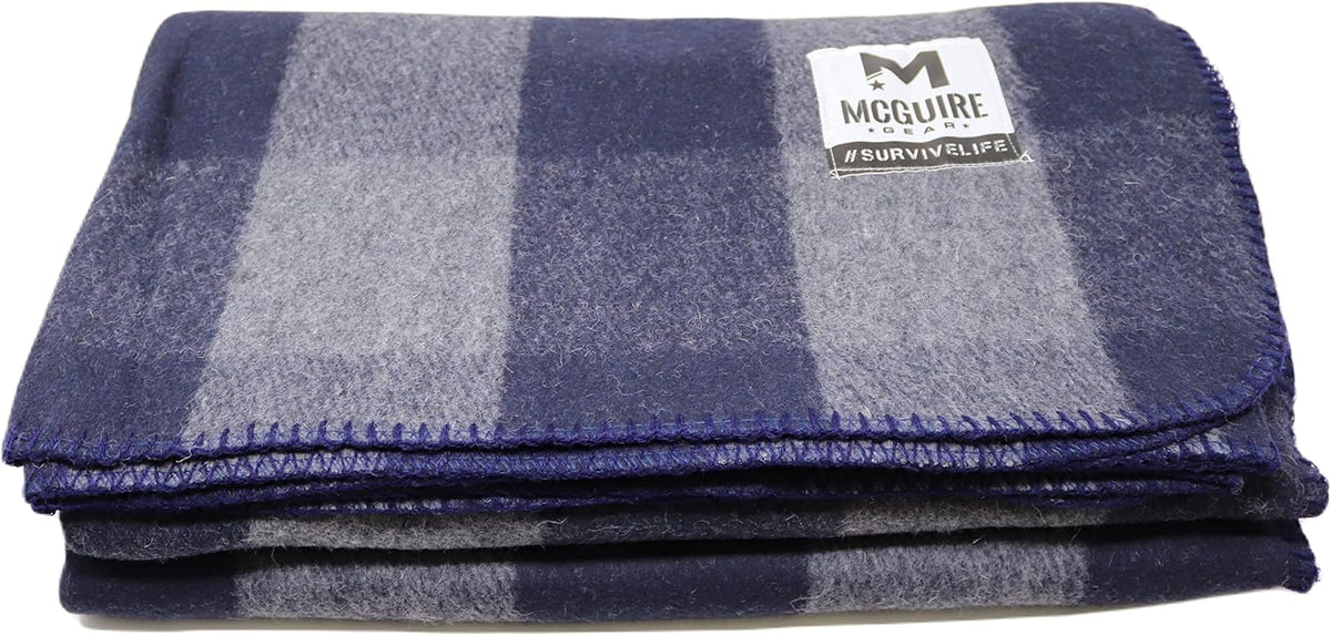 M MCGUIRE GEAR Warm Wool Bunkhouse Plaid Blanket for Camping, Home, Survival, or First Aid, 64" x 90" (Gray/Navy)