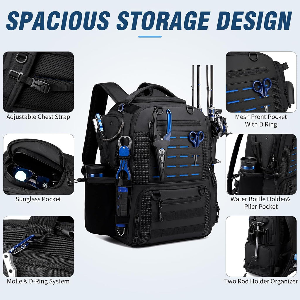 50L Fishing Backpack with Rod Holders, Tackle Box Backpack