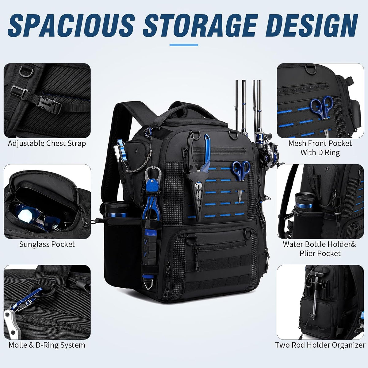 50L Fishing Backpack with Rod Holders, Tackle Box Backpack