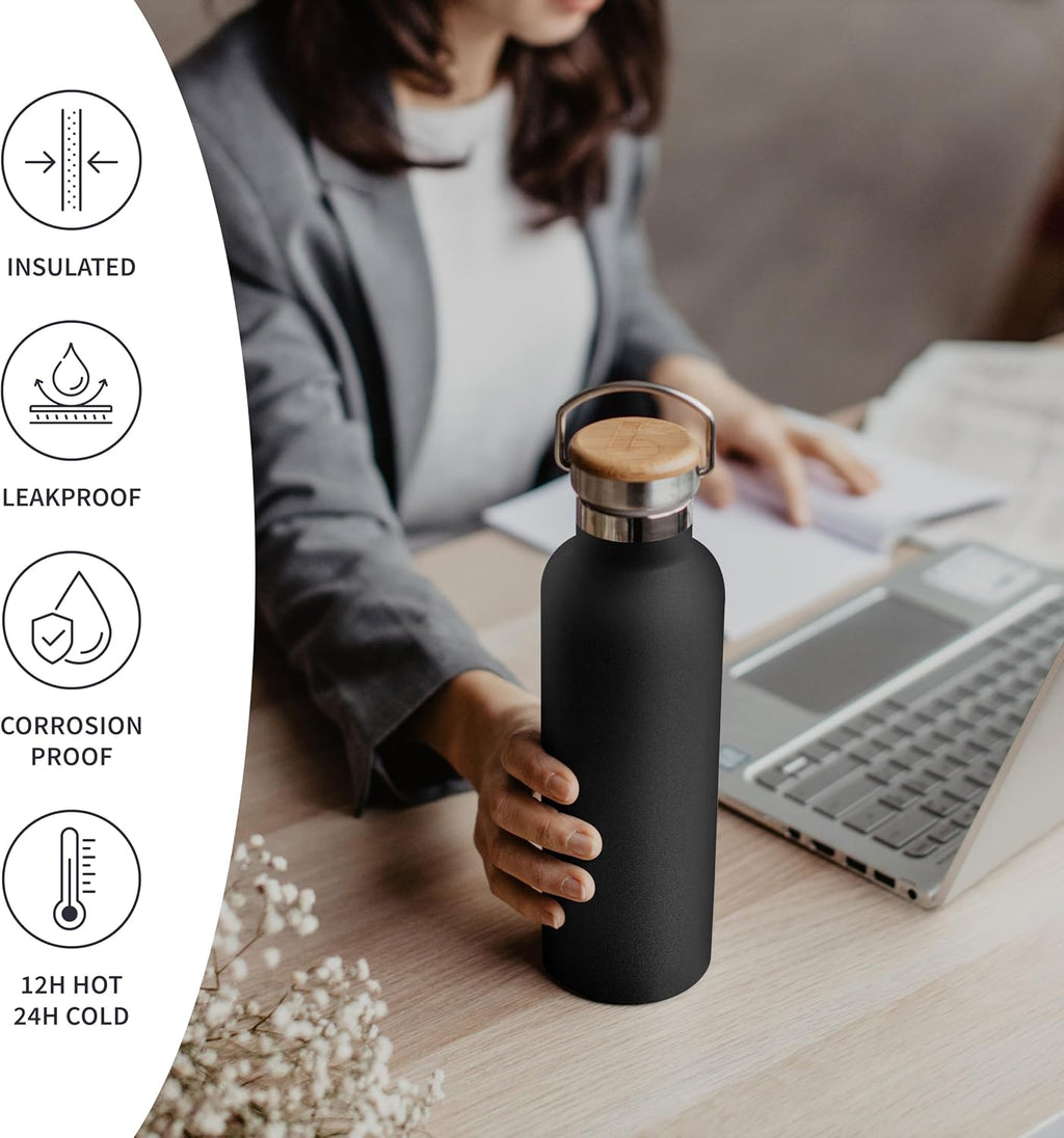 Bambaw Insulated Water Bottle 32 oz, Wide Mouth Stainless Steel Water Bottle with Handle, Made of High-Grade Stainless Steel, Convenient for Hot & Cold Drinks (Jet Black)