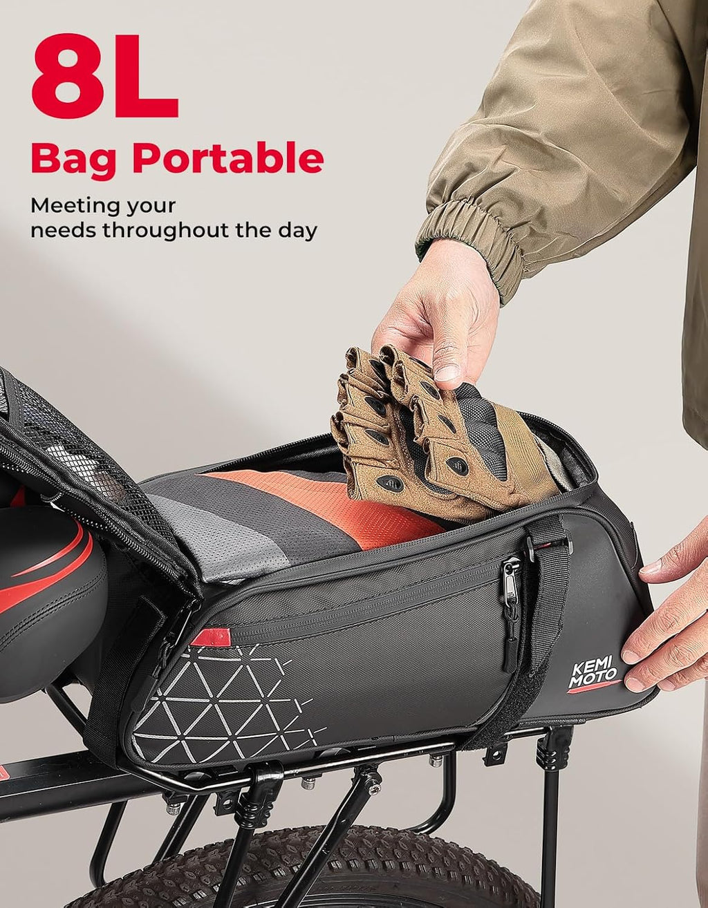 KEMIMOTO Rear Bike Rack Bag - 8L PVC Water Resistant Ebike Bags for Bicycle