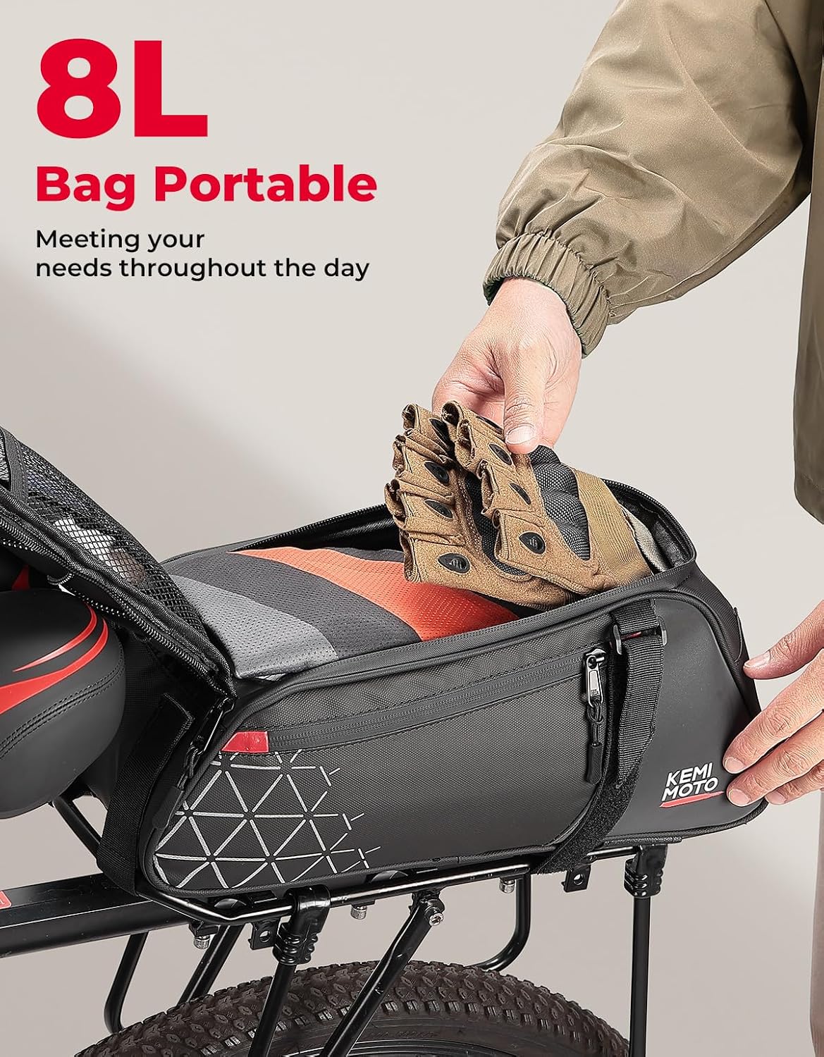 KEMIMOTO Rear Bike Rack Bag - 8L PVC Water Resistant Ebike Bags for Bicycle