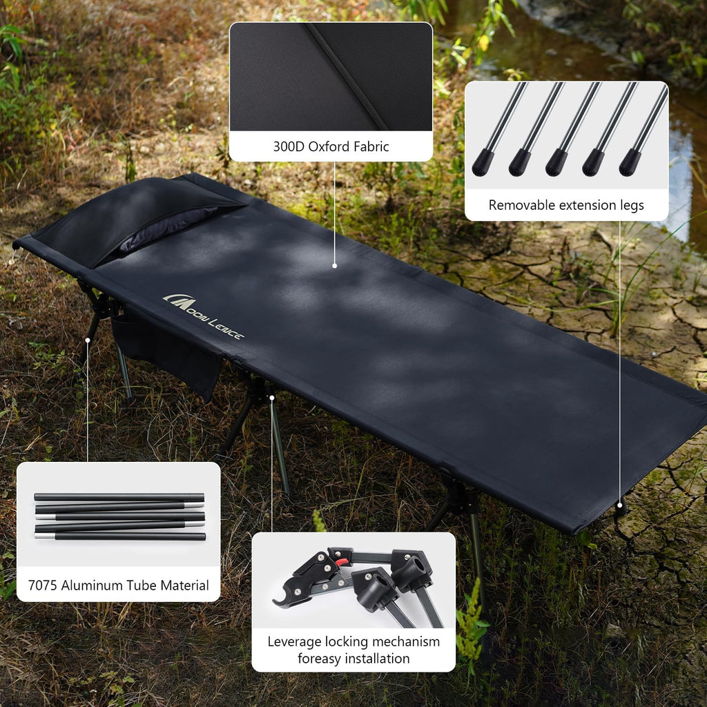 MOON LENCE Camping Cot, Height Adjustable with Cot Leg Extenders, Strong Support 330lbs, Lightweight Comfortable Folding Bed for Camping, Hiking, Travel, Truck, Beach, Office Nap,Backpacking