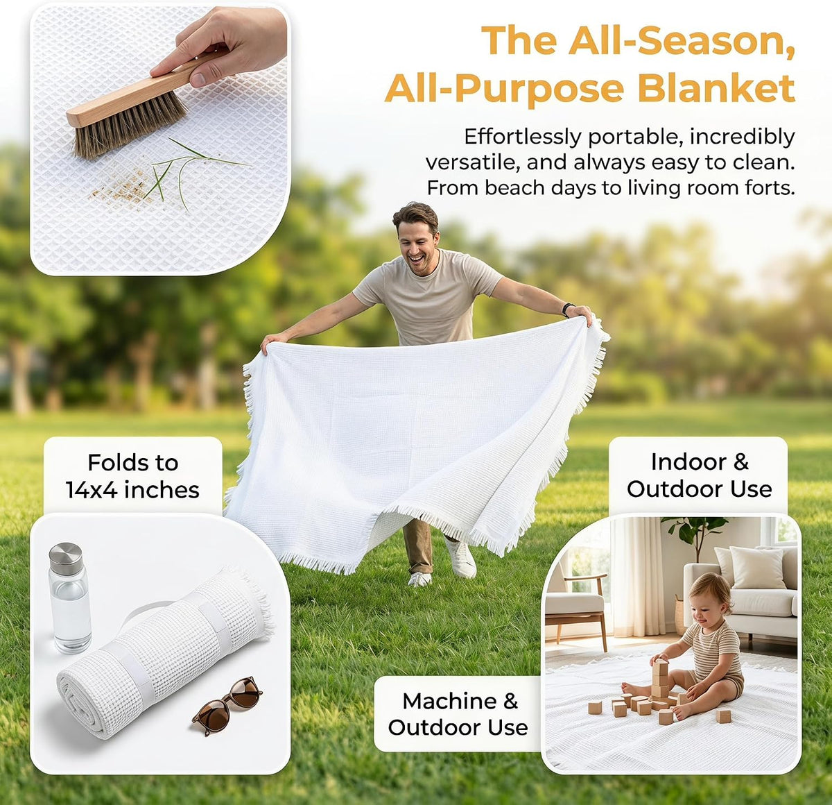 70"x 70" Picnic Blanket Extra Large,Layer Outdoor Blanket for 5 to 7 Adults,Camping Grass Lawn Park Accessories Cute Couple Gifts Ideas Wedding Registry for Park, Beach (White)