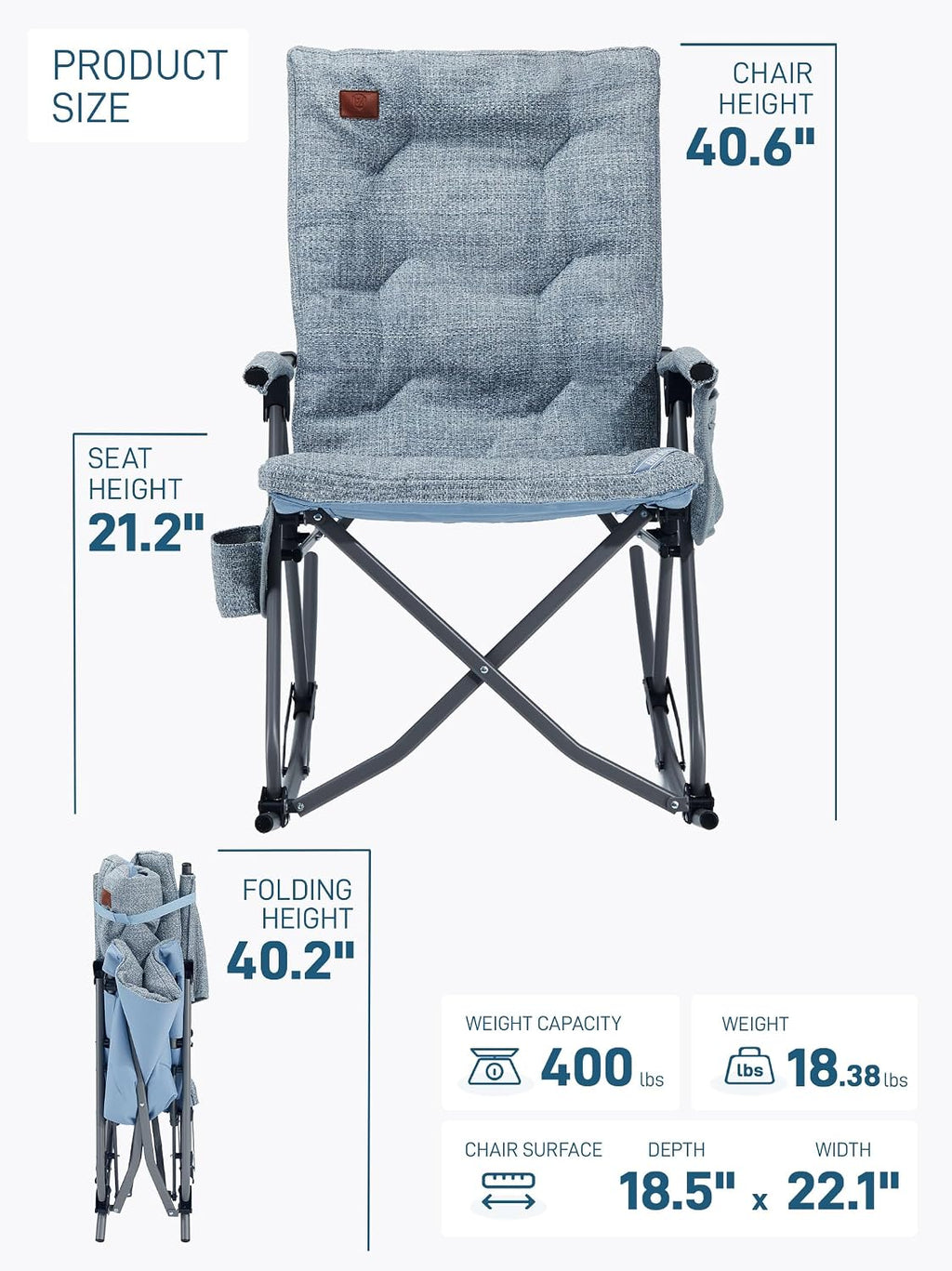 EVER ADVANCED Oversized Rocking Camping Chair, Padded Folding Rocker for Adults with Hard Armrests, 400lbs Heavy Duty Portable Chair for Patio, Lawn and Outdoors, Sky Blue