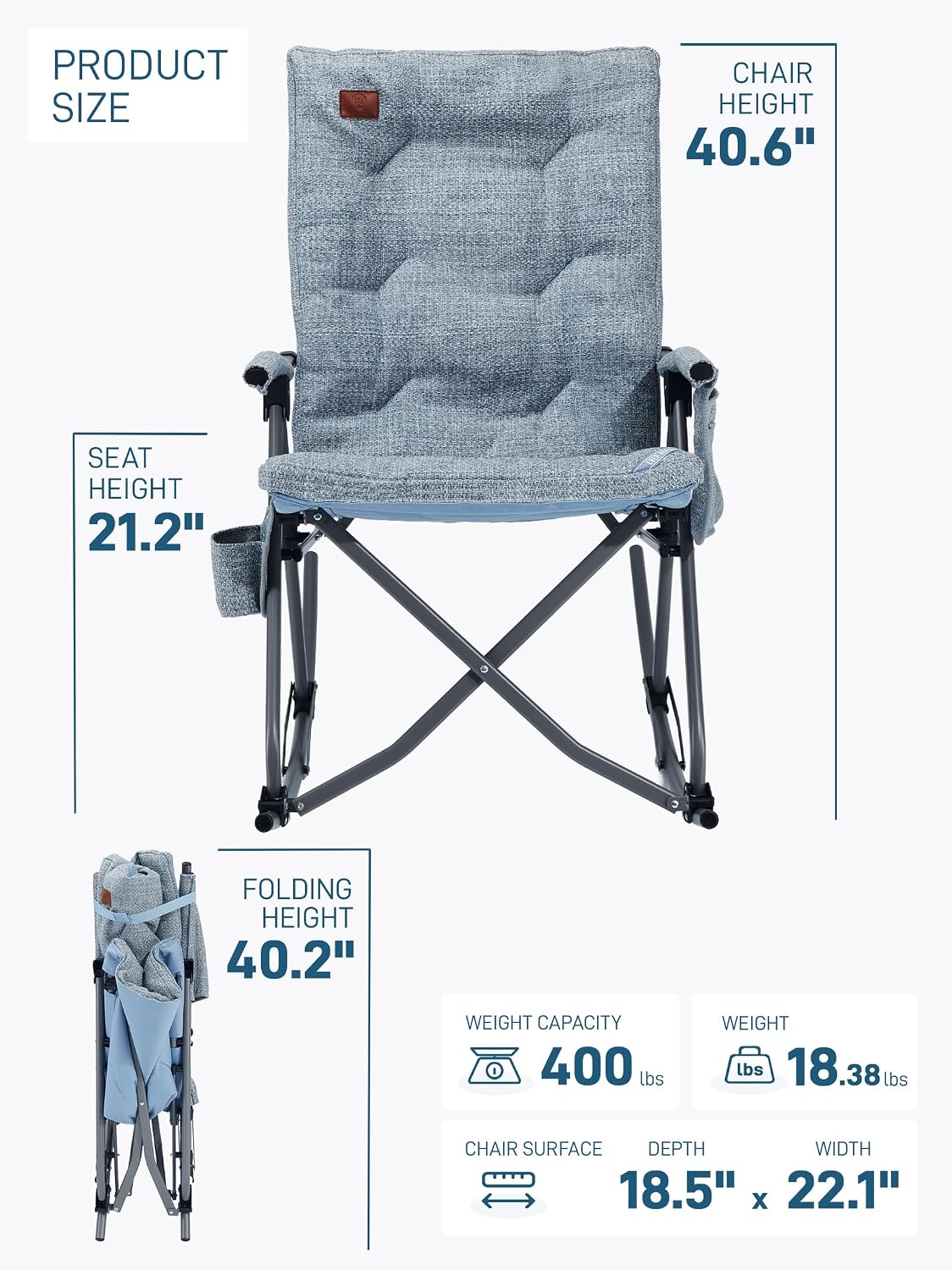 EVER ADVANCED Oversized Rocking Camping Chair, Padded Folding Rocker for Adults with Hard Armrests, 400lbs Heavy Duty Portable Chair for Patio, Lawn and Outdoors, Sky Blue
