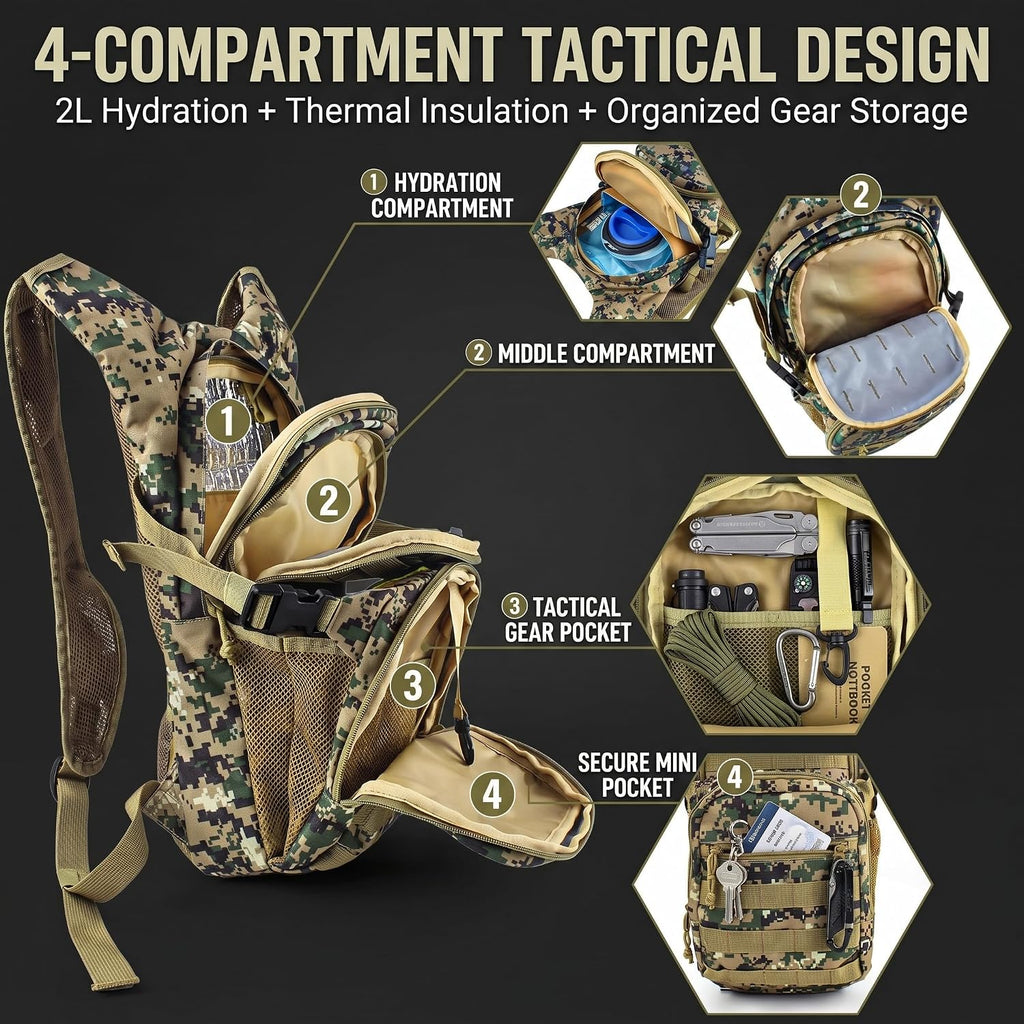 Tactical Hydration Backpack 2L Water Bladder - Lightweight Durable Pack for Hiking, Running, Outdoor Adventures, Adjustable Straps & Leak-Proof Design