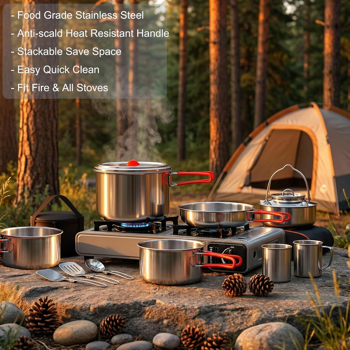 Foldable 18/8 Stainless Steel Camping Cookware 11pcs for 4-8 People