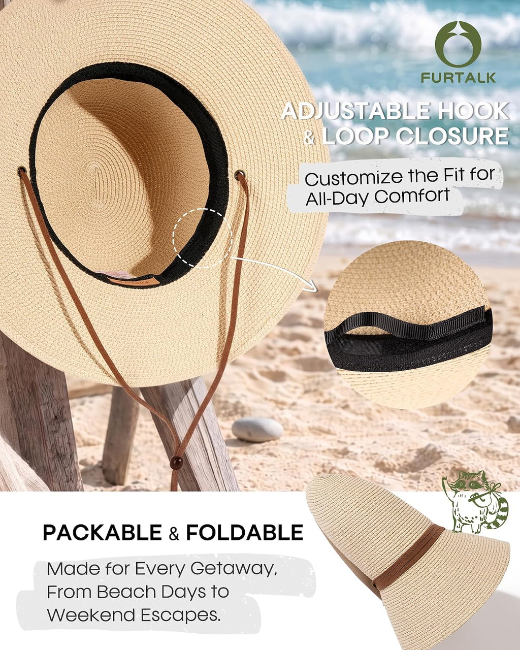 FURTALK Womens Wide Brim Sun Hat with Wind Lanyard UPF Summer Straw Sun Hats for Women