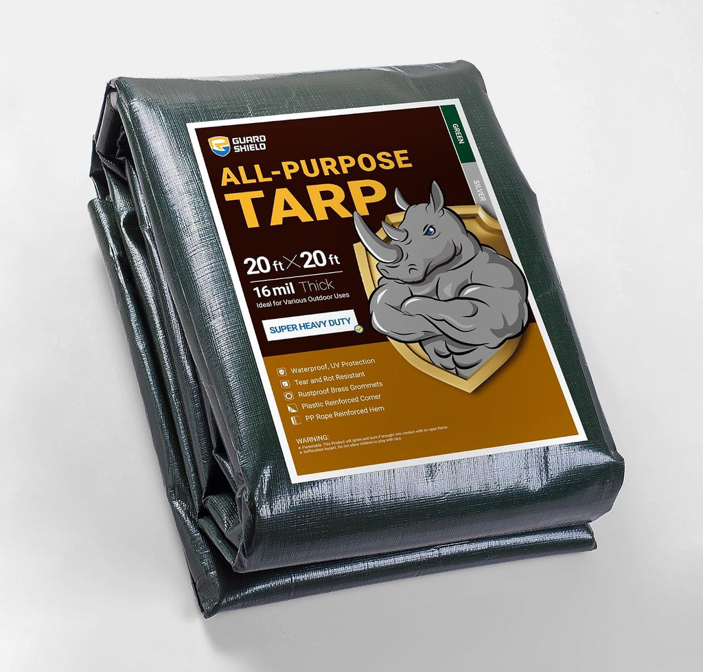 GUARD SHIELD Super Heavy Duty Green/Silver Poly Tarp Cover 20x20 Feet Waterproof 16mil Thick UV and Tear Resistant Tarpaulin with Grommets and Reinforced Edges