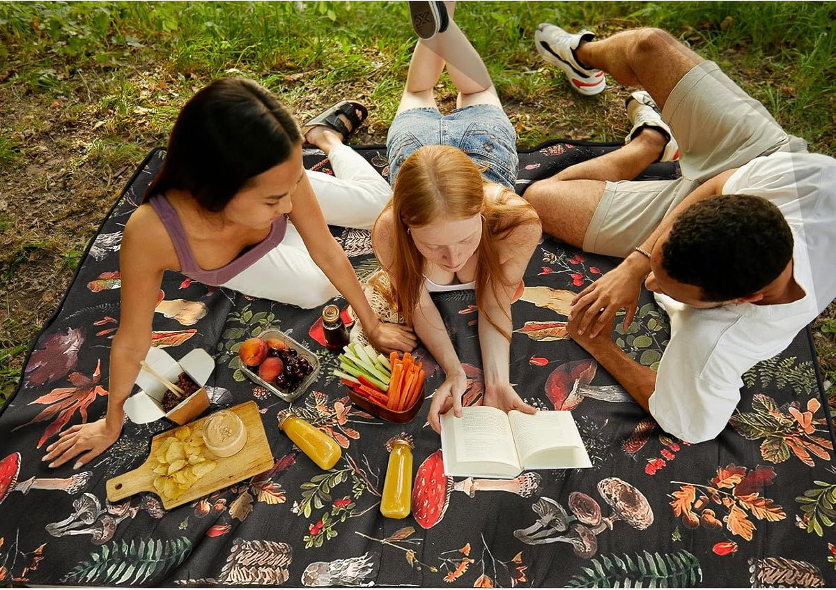 Picnic Blankets Extra Large Waterproof, 80"x 60"Mushroom Beach Mat with Corner Pockets Windproof Sandproof Foldable Portable 3-Layer Mat Darker for Wet Grass,Parks,Music Festival,Camping,Concerts