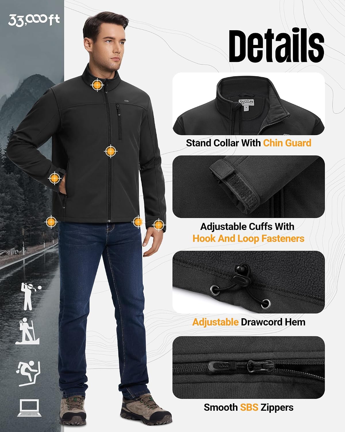 33,000ft Men's Waterproof Softshell Jacket Fleece Lightweight Windbreaker