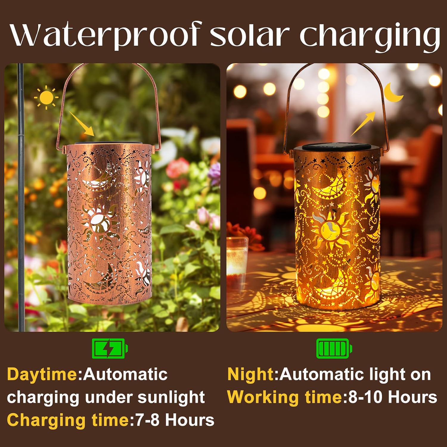DIBIEECN Birthday Gifts for Women Mom Grandma Wife, Solar Lanterns Outdoor Waterproof, Metal Hanging Lights Garden Decor, LED Decorative Lantern for Patio Porch Backyard, Sun and Moon, 1 Pack