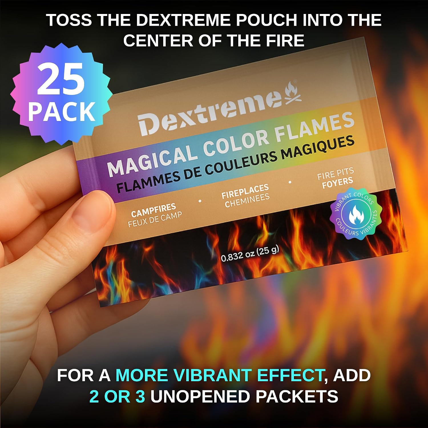 Dextreme Fire Color Changing Packets - Fire Color Packets, Color Changer for Campfires, Fire Pits, and Fireplaces, Longer Lasting Burn Time, Safe and Non-Toxic (25 Pack)