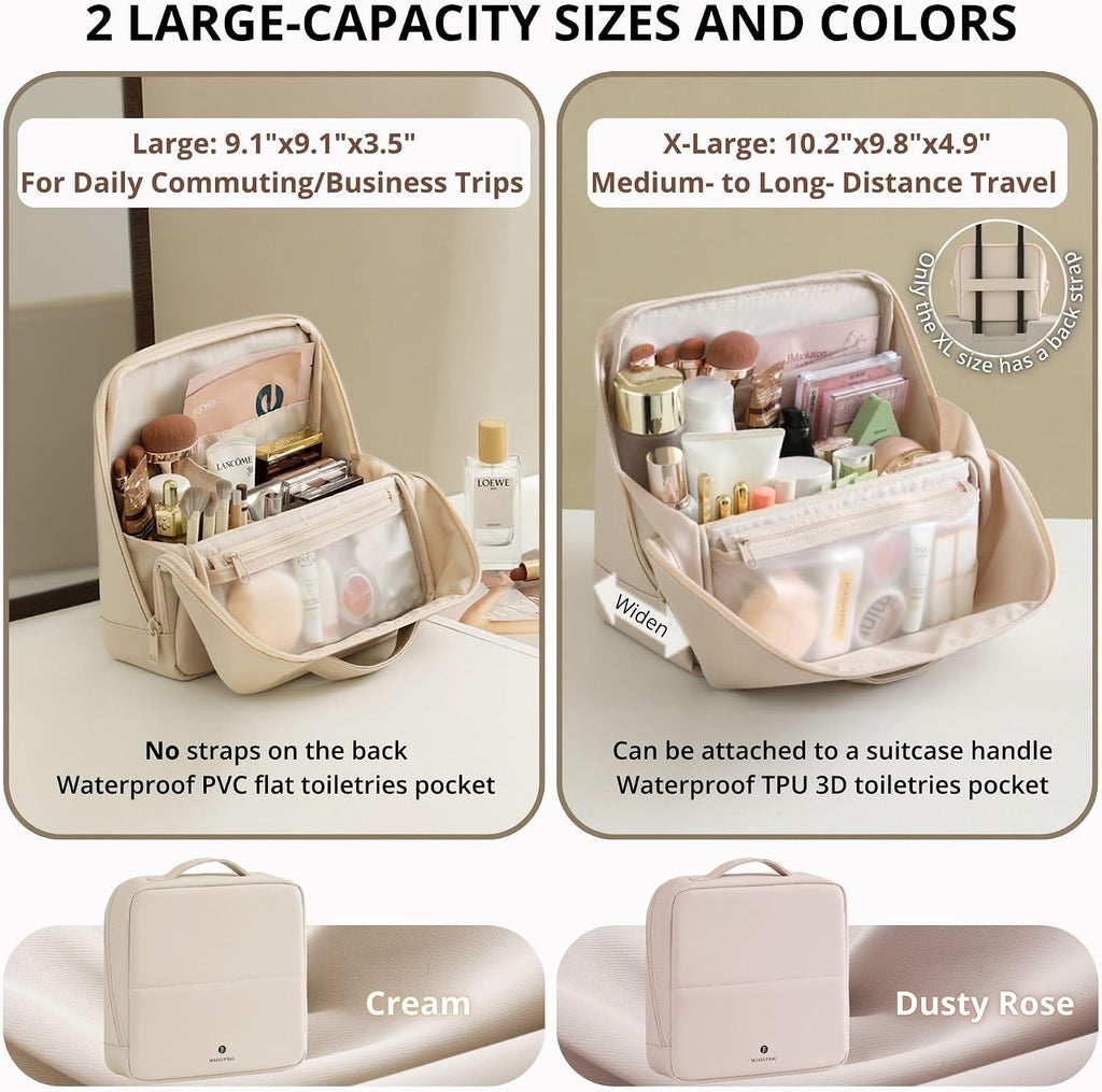 tianzong Travel Makeup Bag with Magnetic Fold-Down Flap, Waterproof Leather Cosmetic and Toiletry Organizer for Women, Multi-Zone Standing Storage, Dusty Rose, Large