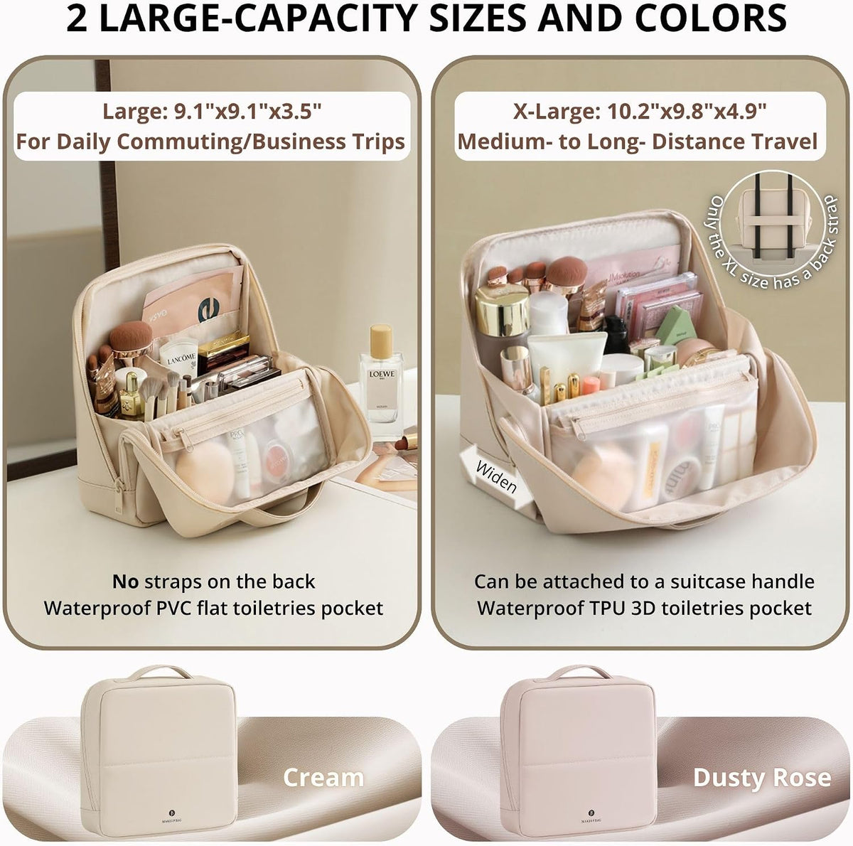 tianzong Travel Makeup Bag with Magnetic Fold-Down Flap, Waterproof Leather Cosmetic and Toiletry Organizer for Women, Multi-Zone Standing Storage, Dusty Rose, Large