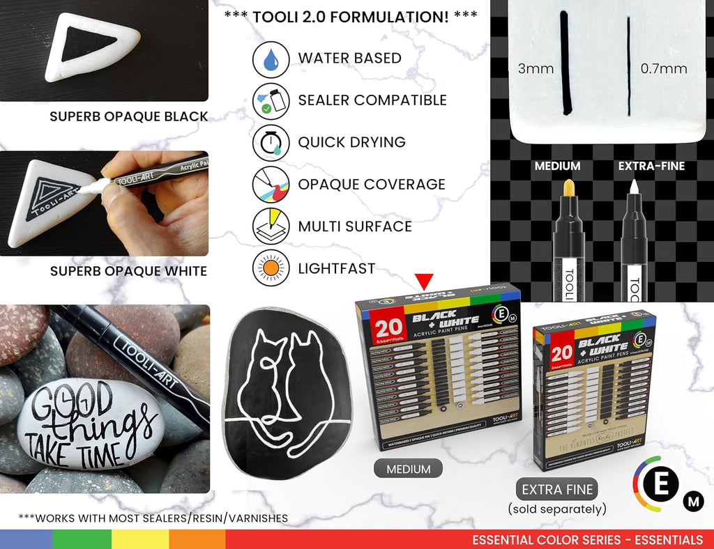 TOOLI-ART Black And White Acrylic Paint Markers Paint Pens Set For Rock Painting, Canvas, Mugs, Metal, Glass Paint, Fabric, Wood, DIY. Non Toxic, Quick Dry,Waterbas (MEDIUM)