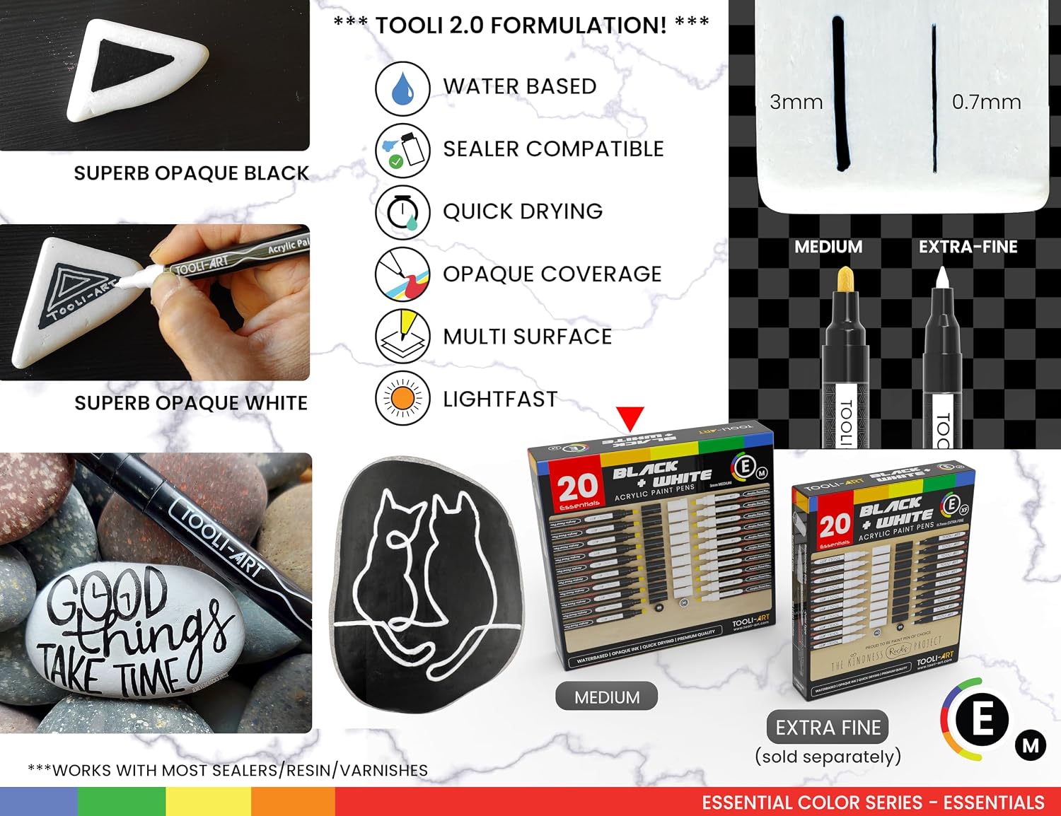 TOOLI-ART Black And White Acrylic Paint Markers Paint Pens Set For Rock Painting, Canvas, Mugs, Metal, Glass Paint, Fabric, Wood, DIY. Non Toxic, Quick Dry,Waterbas (MEDIUM)