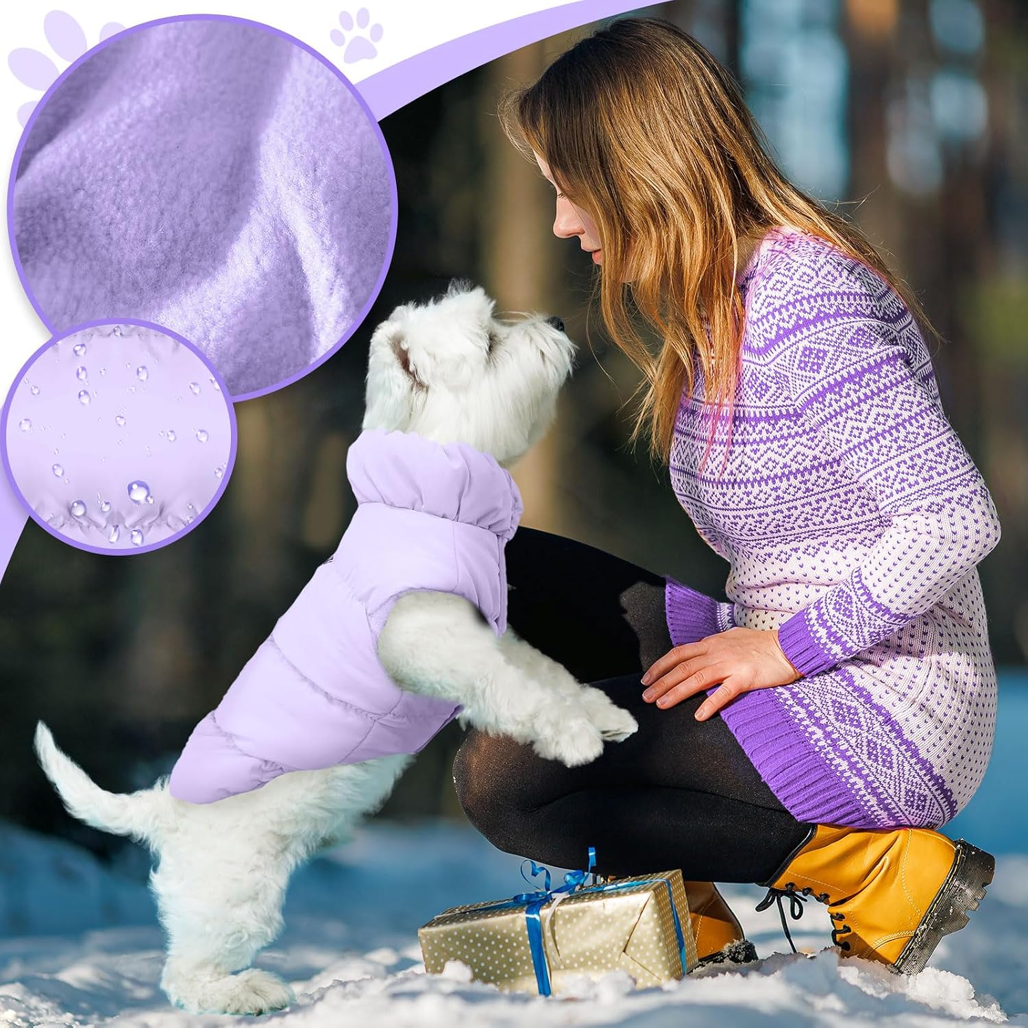 ABRRLO Winter Warm Dog Jacket for Small Medium Dogs Cat Cold Weather Coats with Harness Paded Dog Fleece Vest Waterproof Windproof Dogs Snow Jacket Pet Puppy Clothes (Purple,L)