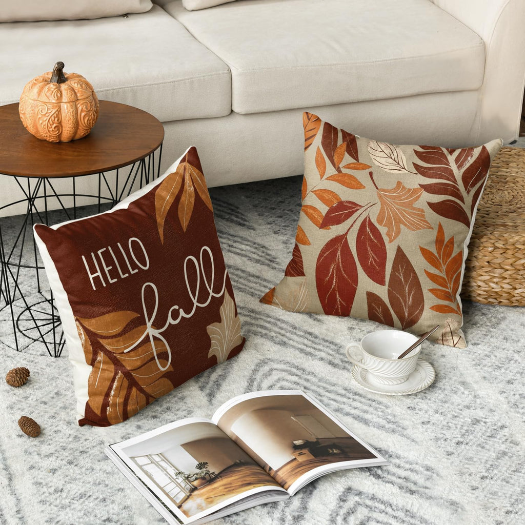 AVOIN colorlife Hello Fall Pumpkin Leaves Pillow Covers 18x18 Inch Set of 4