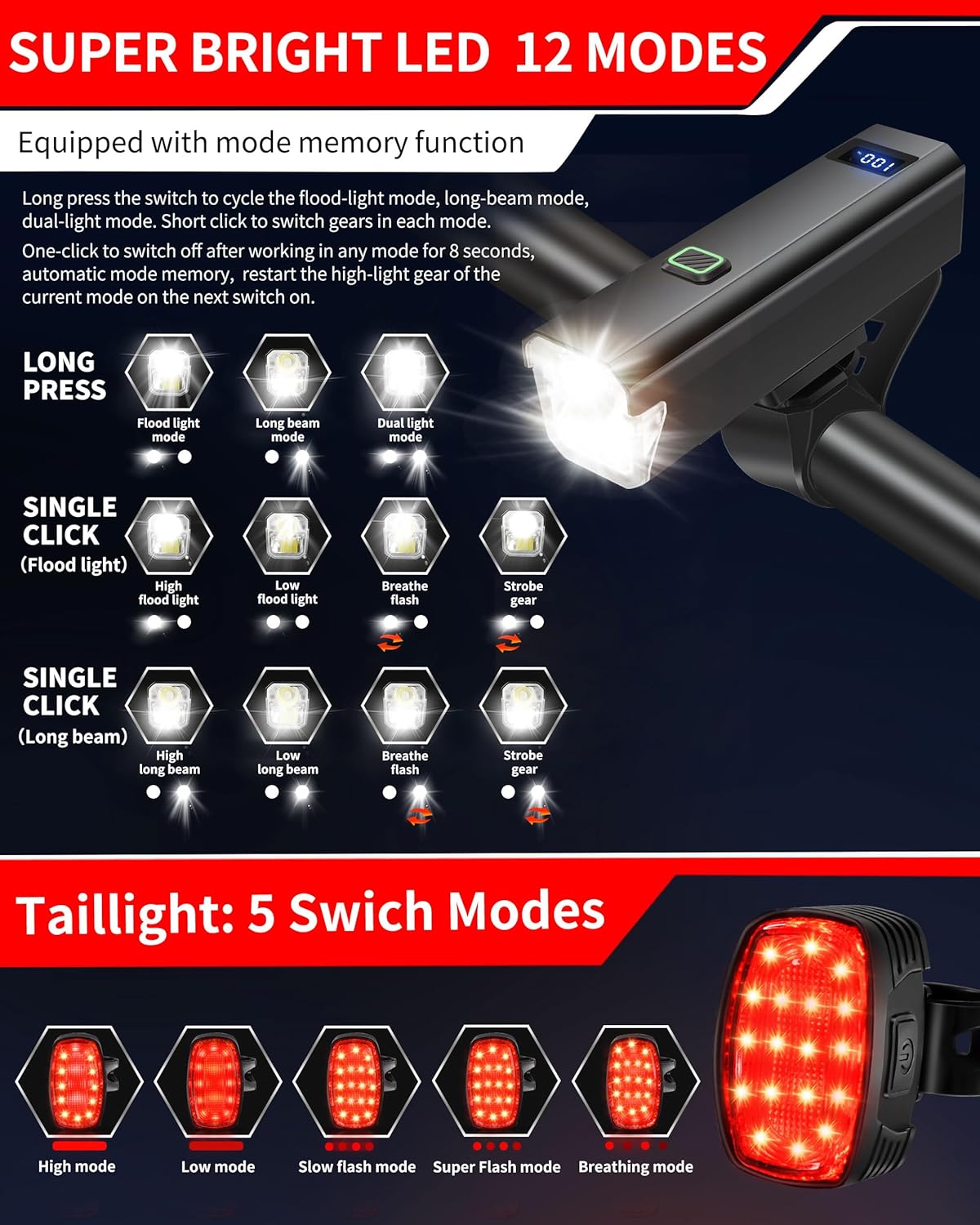 DARKBEAM 6000LM Bike Headlight USB- C Rechargeable, High Lumen Super Bright Bike Light Set for Night Riding, 12+5 Modes Waterproof Bicycle Lights for Road, Mountain, Cycling