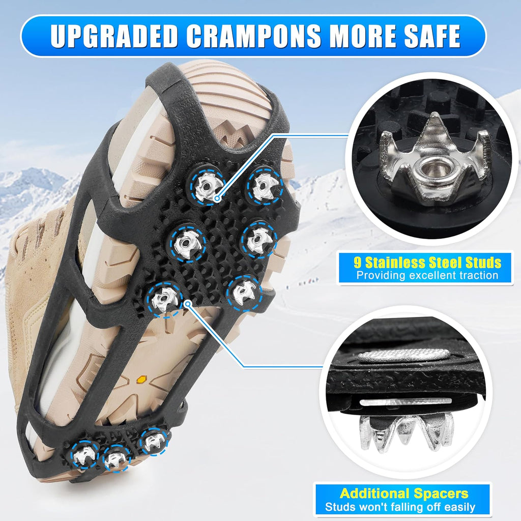 Crampons Ice Cleats for Shoes and Boots Snow Traction Cleats for Walking on Snow and Ice 9 Point Cleats Non-Slip Grippers Overshoe Silicone Stretch Footwear for Winter Hiking Climbing Ice Fishing