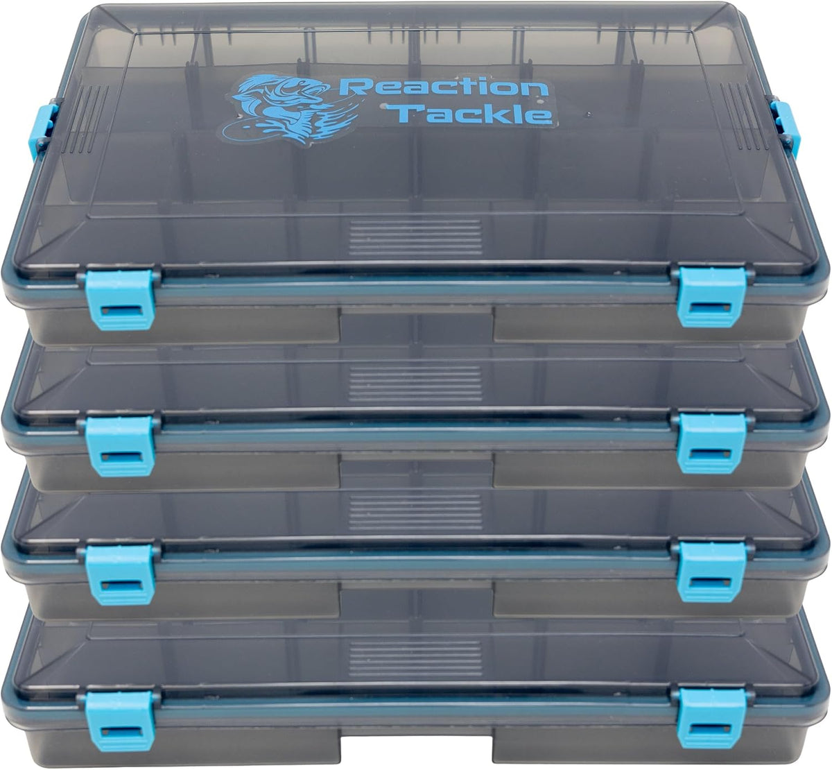 Reaction Tackle Standard Tackle Trays, Plastic Tackle Box Organizers with Four Secure Latches, Removable Dividers and Semi Transparent Lid for Fishing Storage - 3700 (4-Pack)