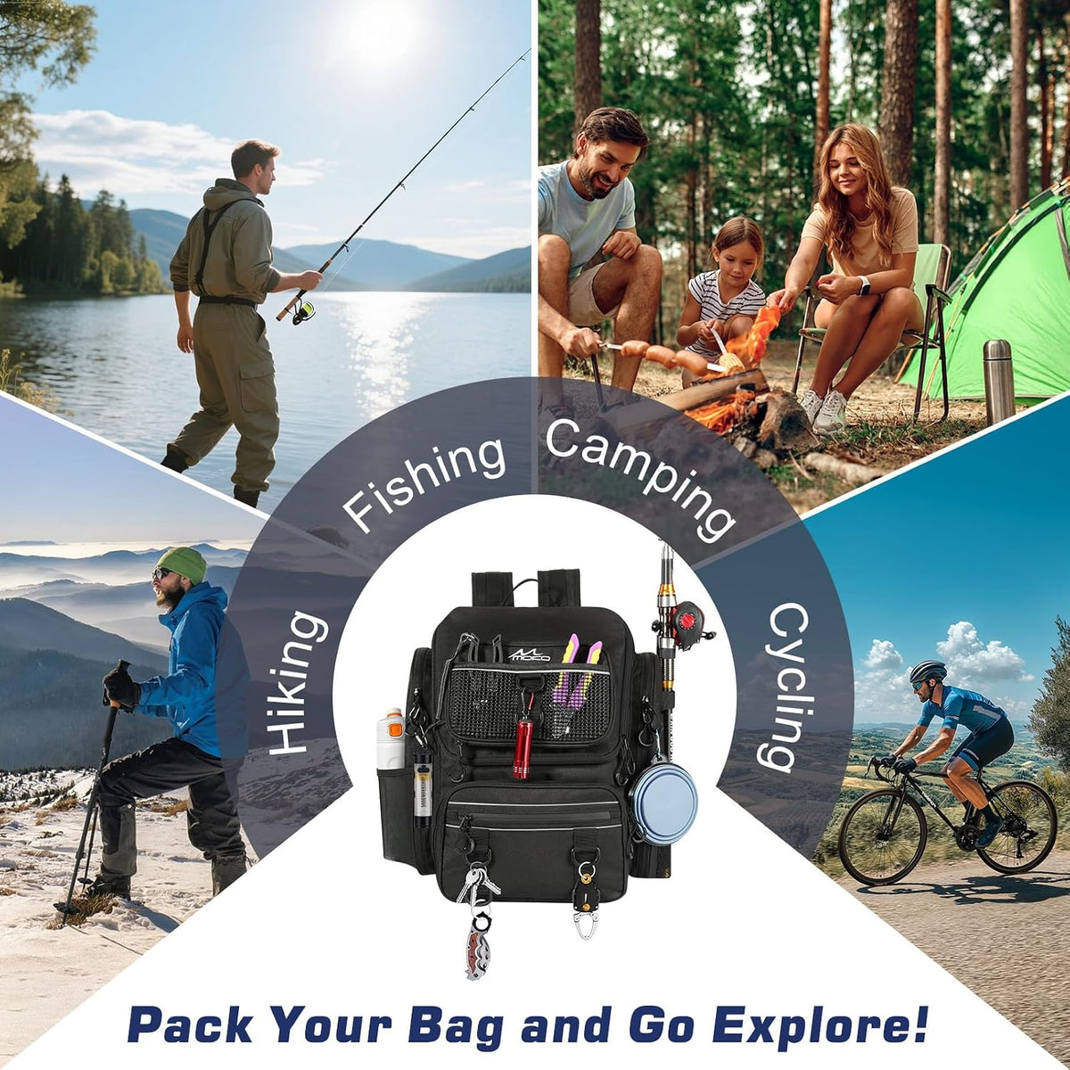 MoKo Large 40L Fishing Tackle Backpack with Rod Holders & Bait Binder