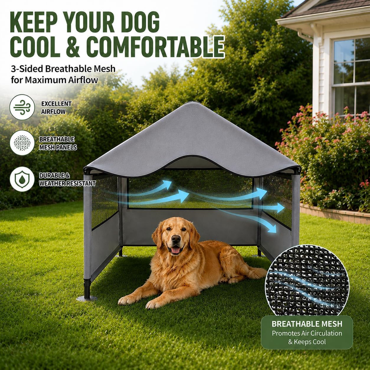 Extra Large Dog Shade Shelter Canopy with UV Protection, Big Dog House Outside, Outdoor Dog Tent with Three-Sided Breathable Mesh Windows, Gray Sun Rain Cover for Pet Sheep Goat 4'x 4'x 3.3'