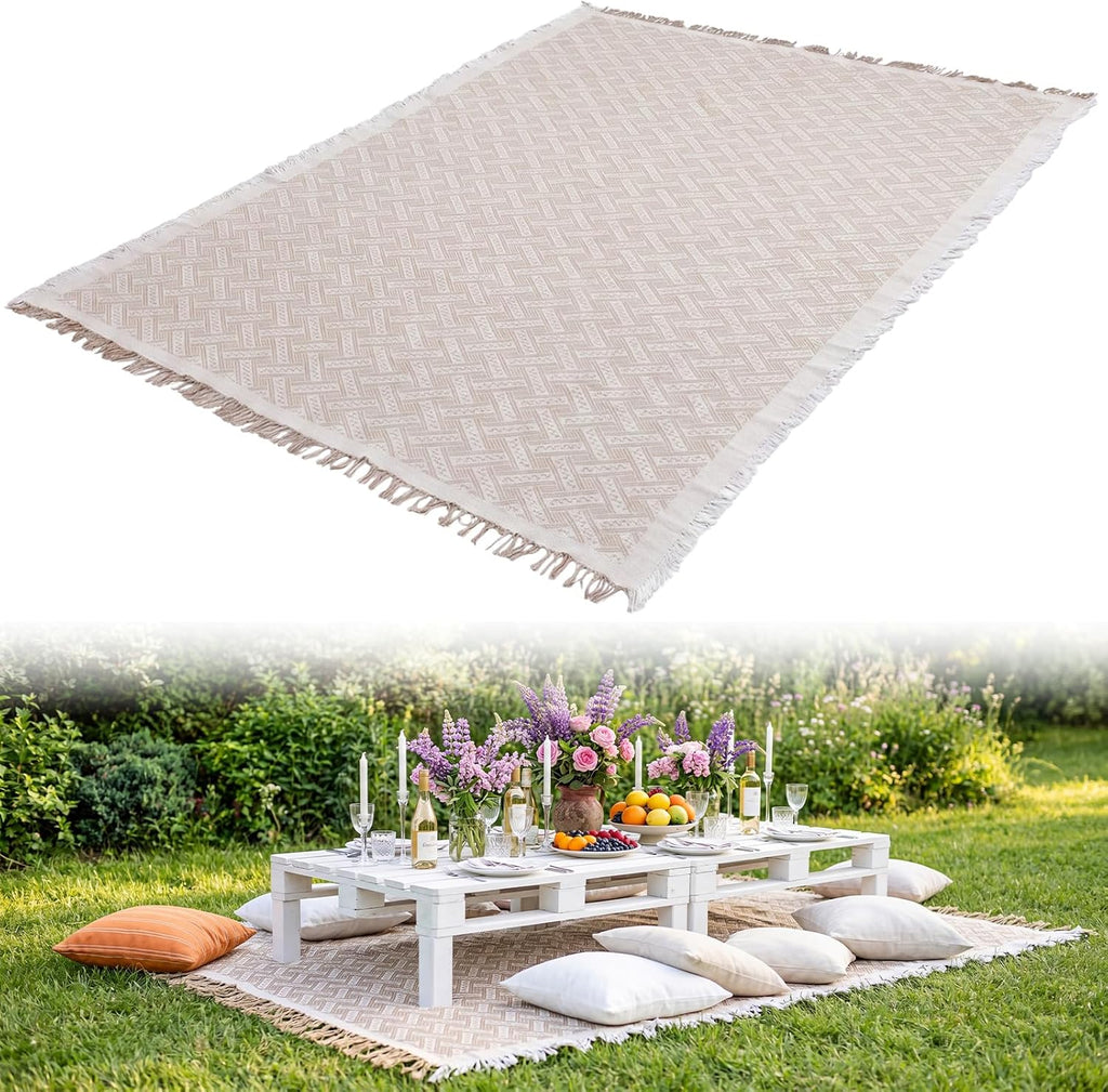 1 Pack White Coffee Extra Large Picnic Blanket, Outdoor Picnic Mat, Woven Boho Large Beach Blanket with Fringe for Park, Camping, Lawn or Wedding Photoshoot (71 x 91 Inches)