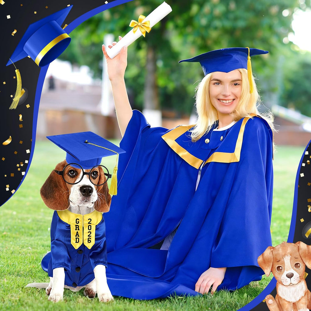 Huhumy 5 Pcs Dog Graduation Costume Set Include 2026 Pet Graduation Gown with Stole Puppy Grad Cap Lensless Glasses DIY Letter Stickers for Dogs Cats Holiday Costume Accessory(Blue Yellow,S)
